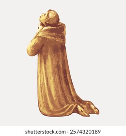 Bronze statue of a kneeling monk in prayer, draped in a robe. The monk statue exudes serenity, devotion, and spirituality, capturing a moment of prayer. Vintage people illustration isolated, vector.