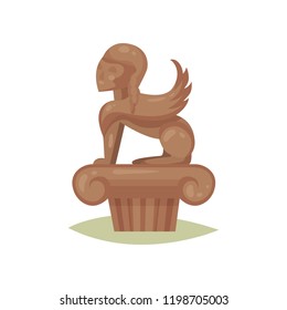 Bronze statue of mythology creature with lion body and human head. Museum item. Flat vector design