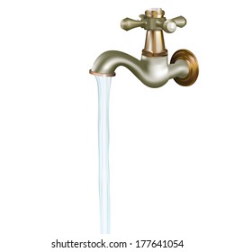 bronze tap with a water stream on white background