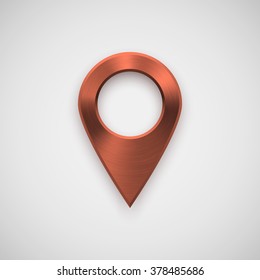 Bronze technology map pointer badge, GPS button template with metal texture, chrome, steel, silver, copper, rust for logo, design concepts, interfaces, UI, applications, apps, web. Vector illustration