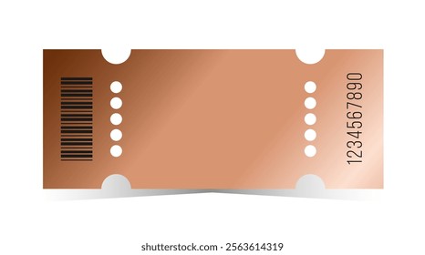 Bronze ticket template. Empty copper coupon blank with ticket number and barcode. Vector illustration on white background