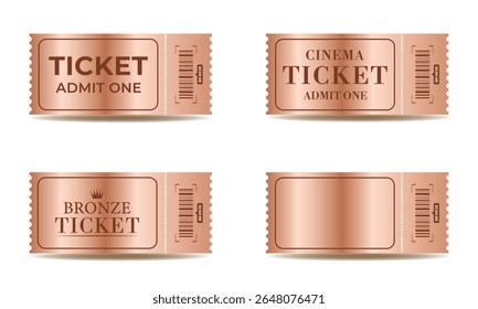 Bronze Ticket Template Set – Admit One and Cinema Vouchers with Barcode, Vector Illustration	