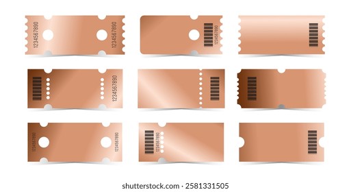 Bronze tickets template set. Empty copper coupon blank with barcode and number. Vector illustration collection on white background