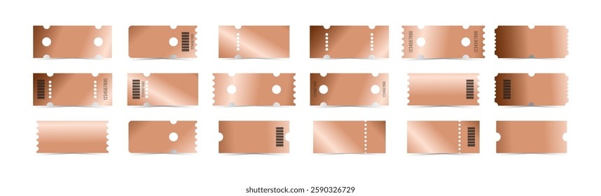 Bronze tickets template set. Empty copper coupon blank with barcode and number. Vector illustration collection isolated on white background