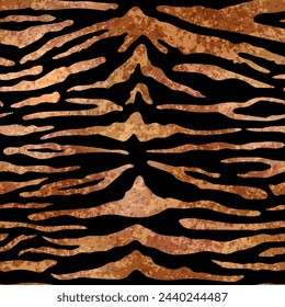 Bronze Tiger seamless pattern. Vector brown wild animal skin textured background, copper shiny foil stripes on black background luxury print. Abstract jungle safari texture for wallpaper, design.