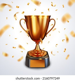 Bronze trophy cup or champion cup with a blank bronze plate for your text and falling shiny bronze color confetti. Realistic 3D vector illustration