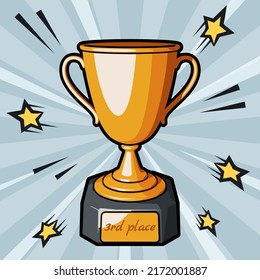 Bronze trophy cup or champions cup with 3rd place text on bronze plate. Vector illustration in comic cartoon style