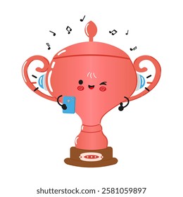 Bronze Trophy Cup Character Enjoying Music. Cute Bronze Trophy Cup with Headphones and Smartphone