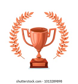 Bronze trophy cup with laurel wreath. Winner award on white background. Bronze goblet. vector illustration