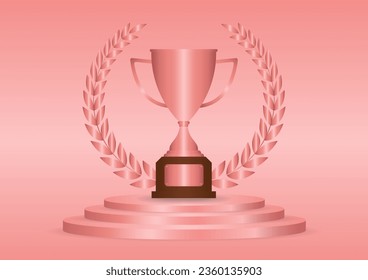 Bronze Trophy Cup on Stage Podium in Bronze Background. Champion and Winning or Celebration Concept. Vector Illustration.