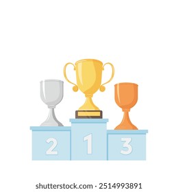 Taça Troféu de Bronze, prata e ouro Troféu Taça em uma ilustração vetor plana isolado em branco. Championship awards full set em um pódio vencedor.