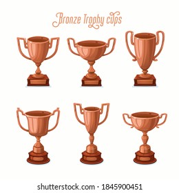 Trophäenkuppen aus Bronze. Bronze-Cup Set mit verschiedenen Formen - Siegertrophäen für den dritten Platz. Flache Vektorgrafik.