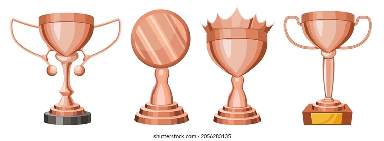 Bronze Trophy Cups, Winner Goblet for First Place, Champion Prize Award. Interface Icon, Emblem, Ui Design Element, Contest Victory Achievement, Success Celebration Items. Cartoon Vector Illustration