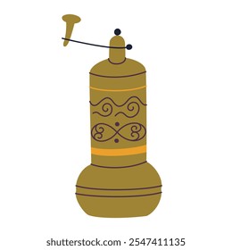 Bronze Turkish spice mill with intricate patterns. Traditional mechanical grinder for spices, elegant and decorative. Vector illustration in flat doodle style, trendy kitchen utensils