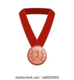 Bronze winner medal with a long ribbon for achievements in sport and game competition. Performance award trophy. Success and victory concept. Realistic vector illustration. 