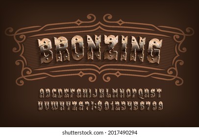 Bronzing alphabet font. Rusty letters and numbers with screws. Stock vector typescript for your design.