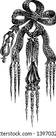Brooch is designed in a knot of diamonds vintage line drawing or engraving illustration.