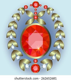 Brooch with diamonds, rubies and gold leaves