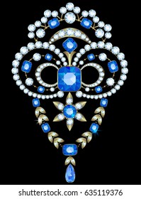 Brooch with diamonds and sapphires on a black background