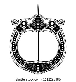 Brooch Fibula. Medieval Viking, Celtic, Germanic traditional decoration, clasp for a cloak, isolated on white, vector illustration