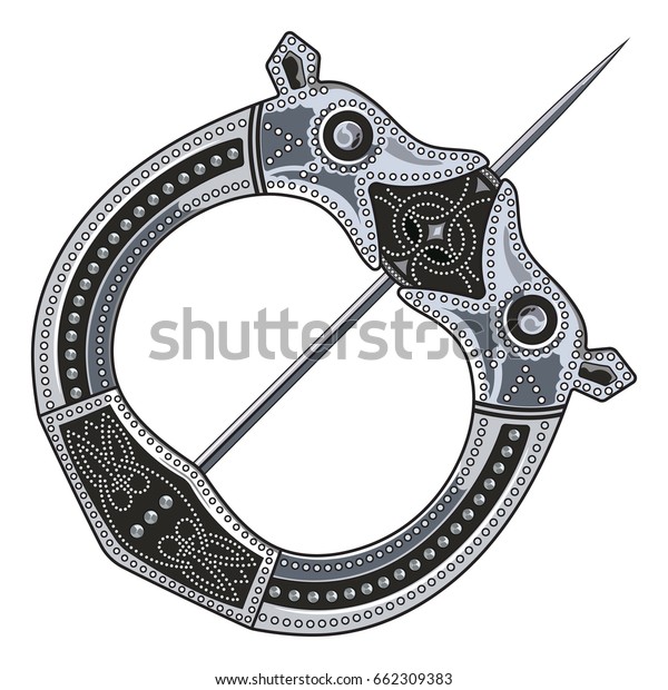 Brooch Fibula. Medieval Viking, Celtic,
Germanic traditional decoration, clasp for a cloak, isolated on
white, vector
illustration