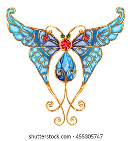 Brooch in the form of a butterfly, inlaid with precious stones. Vector illustration.