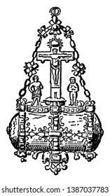 Brooch haben einen Diamanten und rubinfarbene Muster, Vintage-Linien-Zeichnung oder Gravur-Illustration.