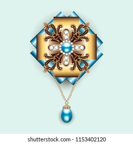 Brooch pendant vintage with jewels and ribbon