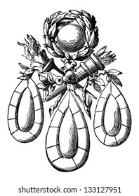 Brooch, que muestra elementos de diseño de lágrimas, ilustración vintage grabada. Enciclopedia Industrial - E.O. Lami - 1875