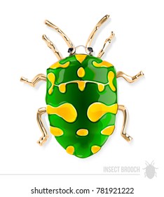 Brooch Vector Insect Gold Color green yellow Realism White background. jewellery icon decorated with rhinestones.