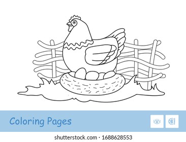 Brood chicken sitting on eggs in nestle on countryside farm bird yard contour kids coloring book illustration. Colorless image of domestic animal. Coloring pages for preschool children and toddlers.