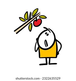 Brooding cartoon guy stands at the bottom and looks up at a ripe apple high on a branch. Vector illustration of a hungry stickman and a juicy fruit on a tree. Hand drawn stick figure character.