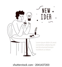 Brooding guy comes up with idea over cup of coffee. Concept of new ideas and coffee time. Cartoon man holding cup with coffee and think. Relaxed and calm male with cup of drink. Vector illustration