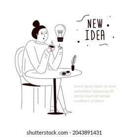 Brooding lady comes up with idea over cup of coffee. Concept of new ideas and coffee time. Cartoon woman holding cup with coffee and think. Relaxed and calm girl with cup of drink. Vector illustration
