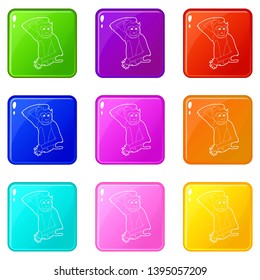 Brooding monkey icons set 9 color collection isolated on white for any design