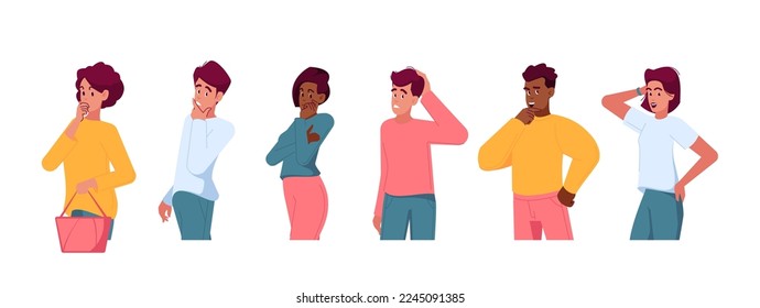 Brooding People Scratch Their Heads, Remember Information, Look For Answers To Questions. Thoughtful Pensive Male And Female Characters Searching Solution, Mental Research. Cartoon Vector Illustration