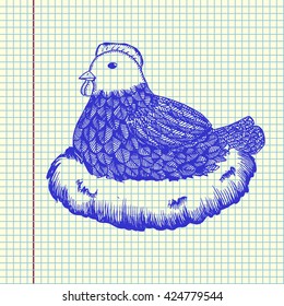 Broody hen in nest. Sheet drawing. Hand drawn vector stock illustration