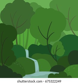 Brook in green forest. Vector flat illustration.