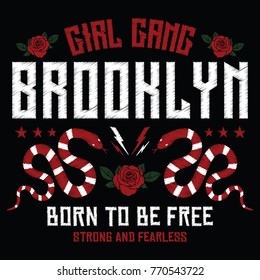 Brooklny girl gang, born to be free embroidery rose, snake slogan fashion patch, rose with leaves, fashion patches, badges  typography, t-shirt graphics, vectors