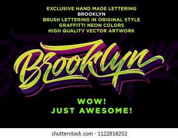 Brooklyn all exclusive hand made lettering in original calligraphic style. Colorful typographic logotype in graffiti-neon colors hand lettered in high quality vector logo. Bright gradiental colors.