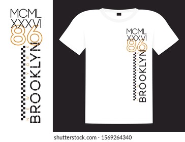 Brooklyn athletic apparel design with example on a t-shirt. New York vertical print for t shirt. Global swatches. Vector illustration.