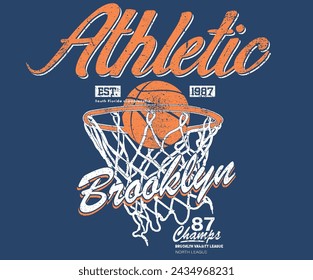 Brooklyn basketball league graphic print design. Champion tournament. Basketball college league. Vintage artwork for sportswear. Sport logo. College font. Basketball club vector t-shirt design. 