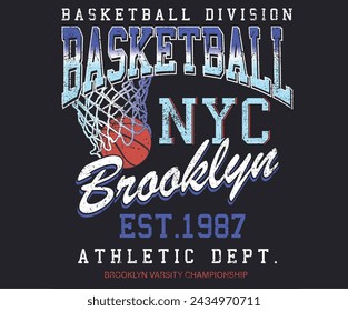 Diseño gráfico de la liga de baloncesto de Brooklyn. Diseño de camiseta vectorial de club de baloncesto. Torneo de campeones. Liga universitaria de baloncesto. Obra de arte vintage para ropa deportiva. Logo Sport. Fuente College. 