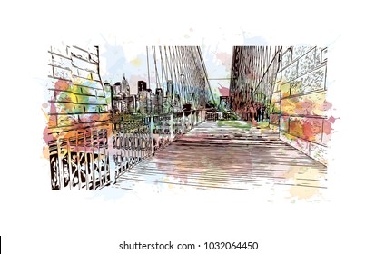 The Brooklyn Bridge is a hybrid cable-stayed bridge in New York City and is one of the oldest roadway bridges in the United States. Watercolor splash with Hand drawn sketch illustration in vector.