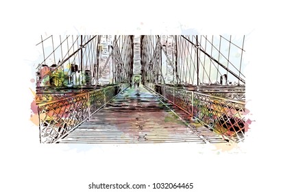 The Brooklyn Bridge is a hybrid cable-stayed bridge in New York City and is one of the oldest roadway bridges in the United States. Watercolor splash with Hand drawn sketch illustration in vector.