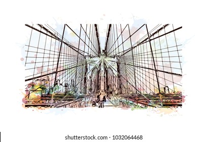 The Brooklyn Bridge is a hybrid cable-stayed bridge in New York City and is one of the oldest roadway bridges in the United States. Watercolor splash with Hand drawn sketch illustration in vector.