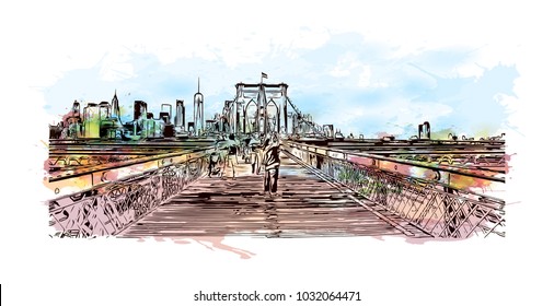 The Brooklyn Bridge is a hybrid cable-stayed bridge in New York City and is one of the oldest roadway bridges in the United States. Watercolor splash with Hand drawn sketch illustration in vector.