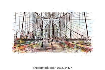 The Brooklyn Bridge is a hybrid cable-stayed bridge in New York City and is one of the oldest roadway bridges in the United States. Watercolor splash with Hand drawn sketch illustration in vector.