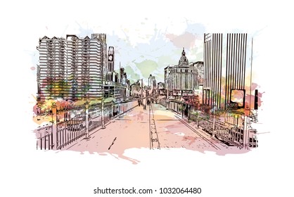 The Brooklyn Bridge is a hybrid cable-stayed bridge in New York City and is one of the oldest roadway bridges in the United States. Watercolor splash with Hand drawn sketch illustration in vector.