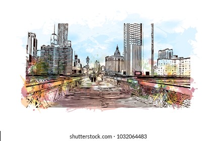 The Brooklyn Bridge is a hybrid cable-stayed bridge in New York City and is one of the oldest roadway bridges in the United States. Watercolor splash with Hand drawn sketch illustration in vector.